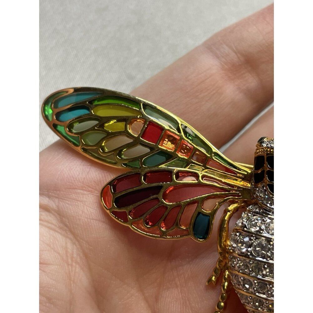 Vintage Joan Rivers Plique A Jour Stain Glass Enamel Crystal Cicada Bug Brooch - Picture 6 of 13